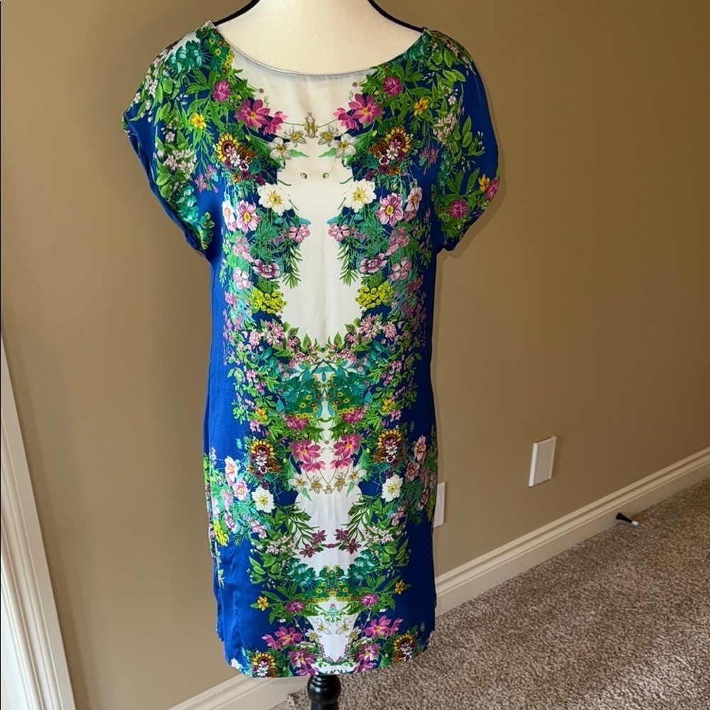 Zara Woman Silk Dress Blue Green Mini Cap Sleeves Sexy Lightweight Floral Sz XS